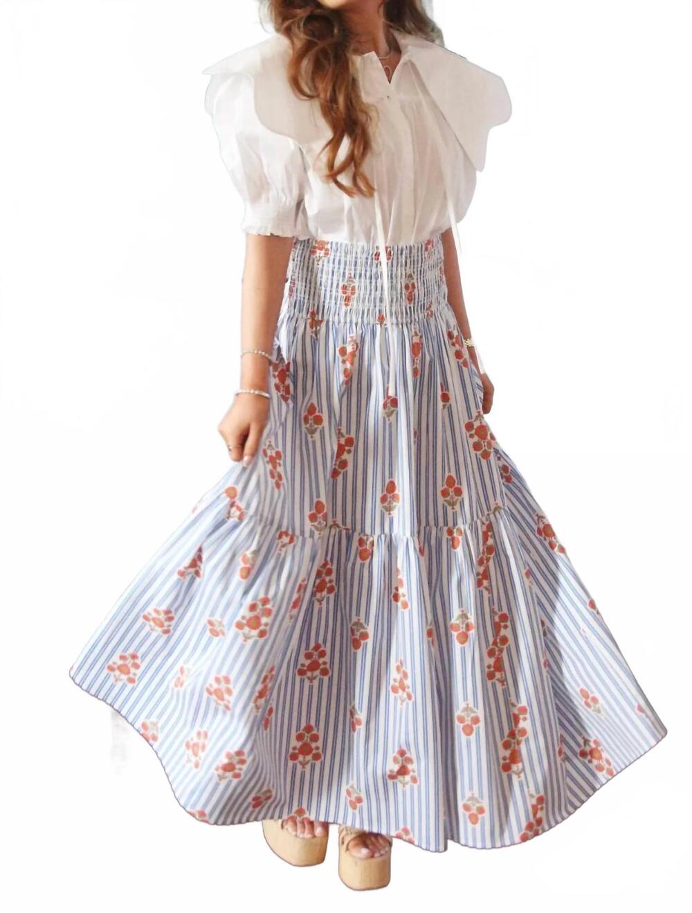NEW KARLIE women's bloom stripe floral smock tier maxi skirt in multi